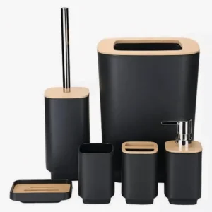 Set de Accesorios para Baño x6 Piezas - Diseño Nórdico en Plástico y Bambú | Papelera, Dispensador y Más